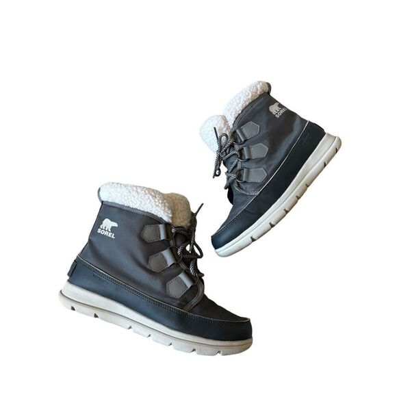 SOREL Explorer Carnival Waterproof Boots Gray Faux Fur Collar Quarry Size 8 - Picture 2 of 10
